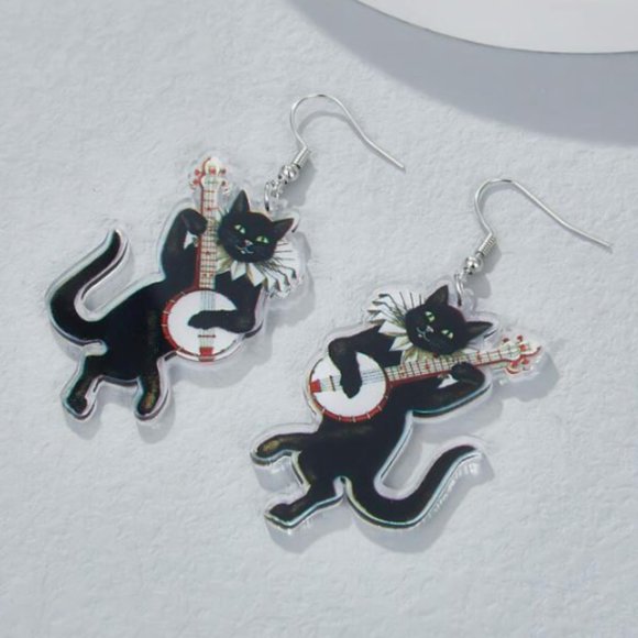 🧿 2 for $25 🧿 Black Cat Musician Acrylic Dangle Earrings - Picture 1 of 6